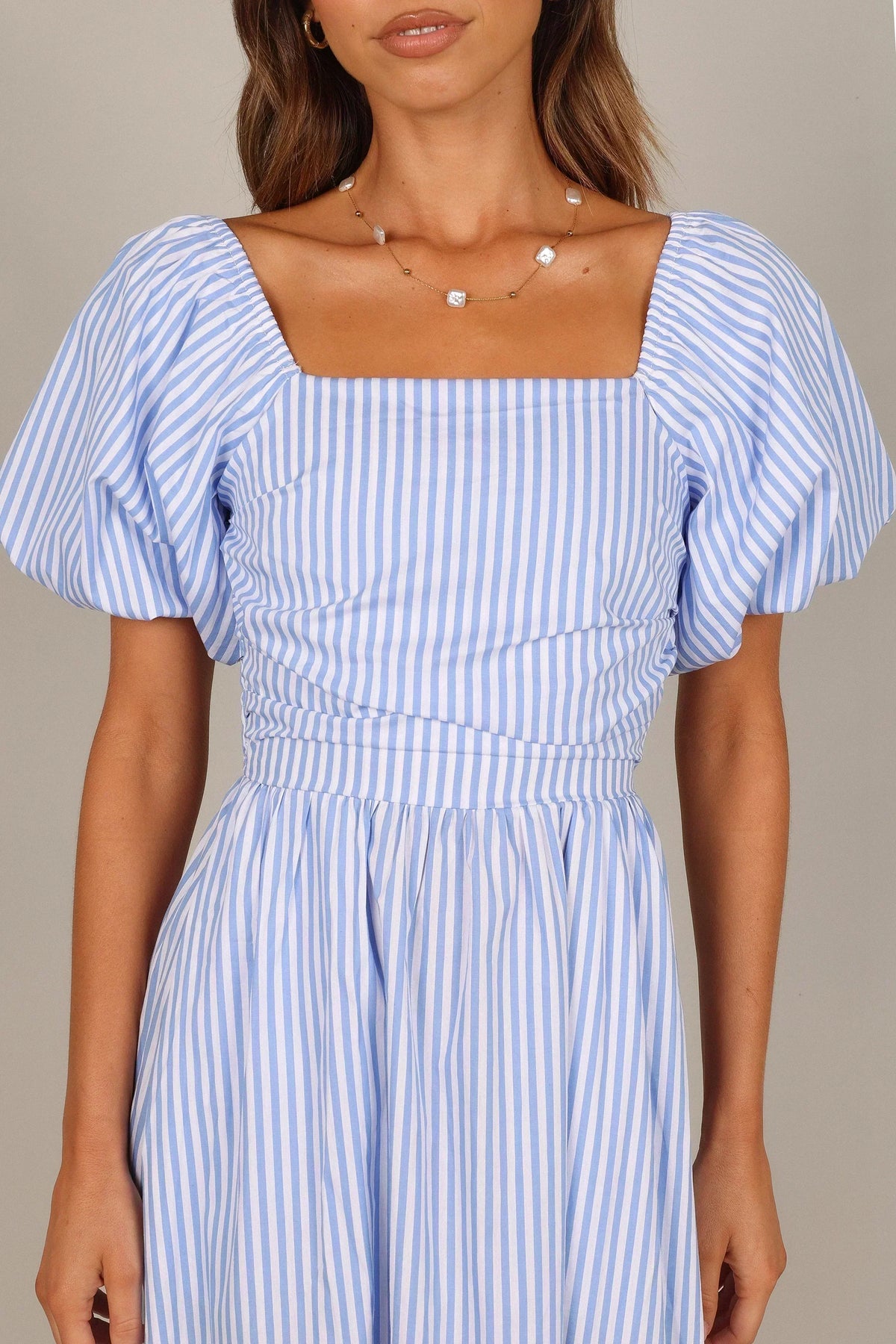 Striped Square Neck Puff Sleeve Pocket A-Line Midi Dress 7