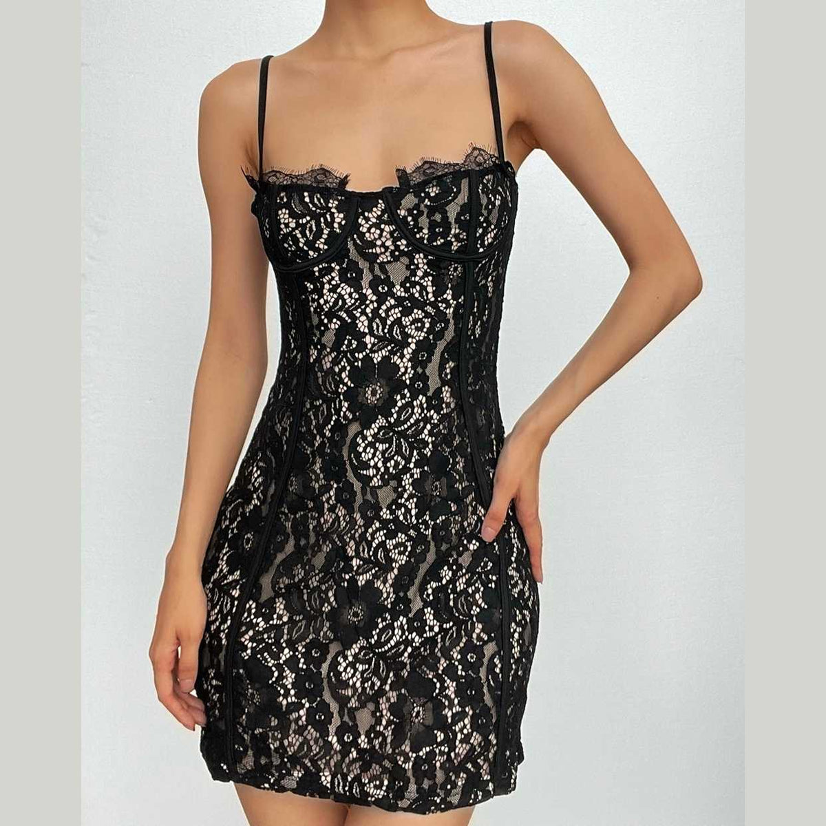 Floral Lace Overlay Corset Bustier Spaghetti Strap Bodycon Mini Dress