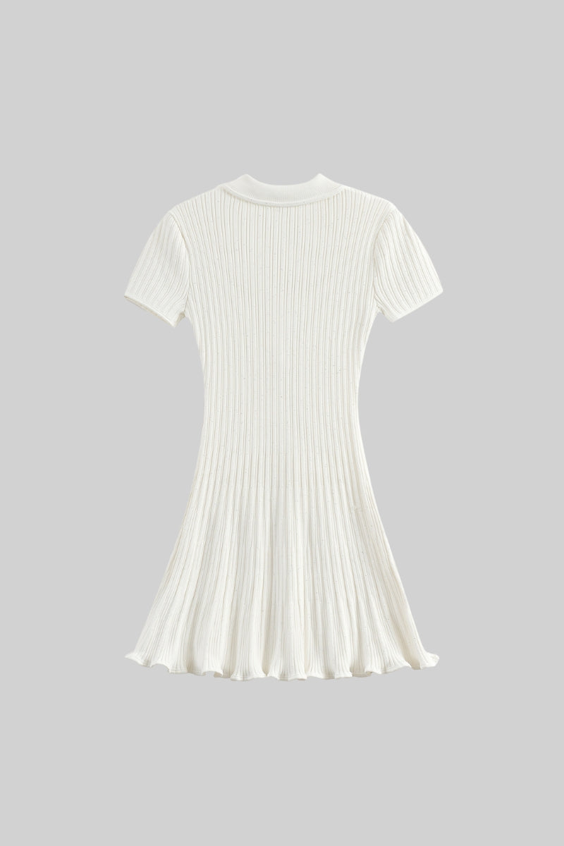 Ribbed Knit Sequin Jewel Button Collar Patch Pocket Mini Dress - View 17