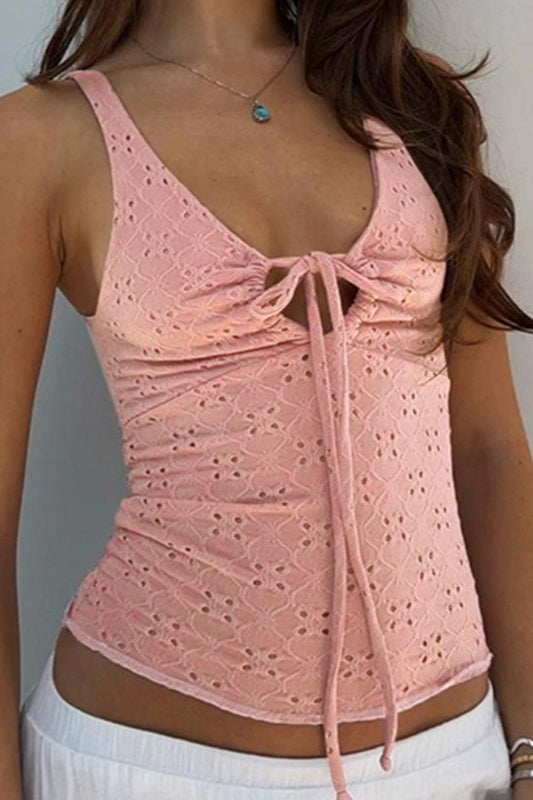 Textured Cut Out V Neck Tank Top