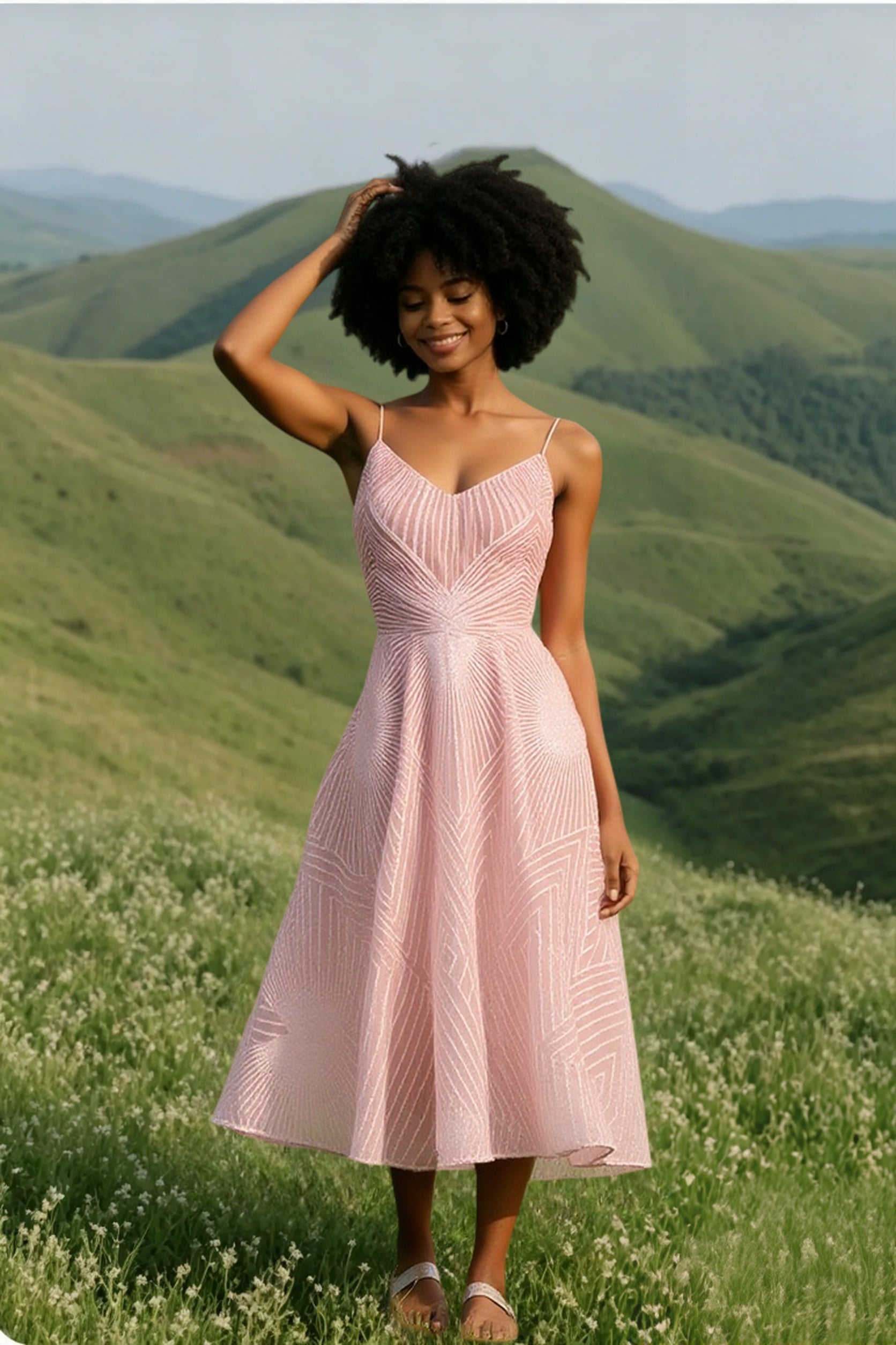 Glitter Spaghetti Strap V-Neck Fit and Flare Midi Dress