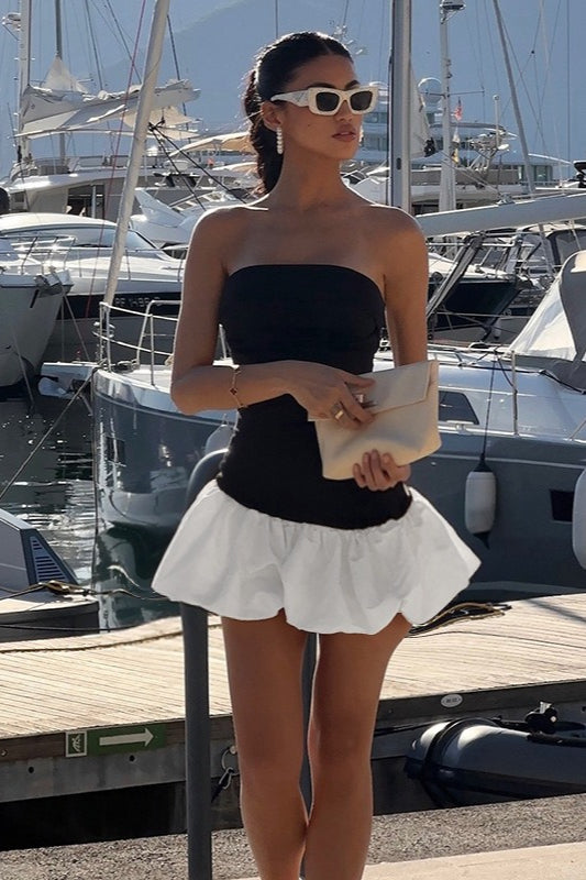 Strapless Bubble Hem Contrast Peplum Fit and Flare Mini Party Dress