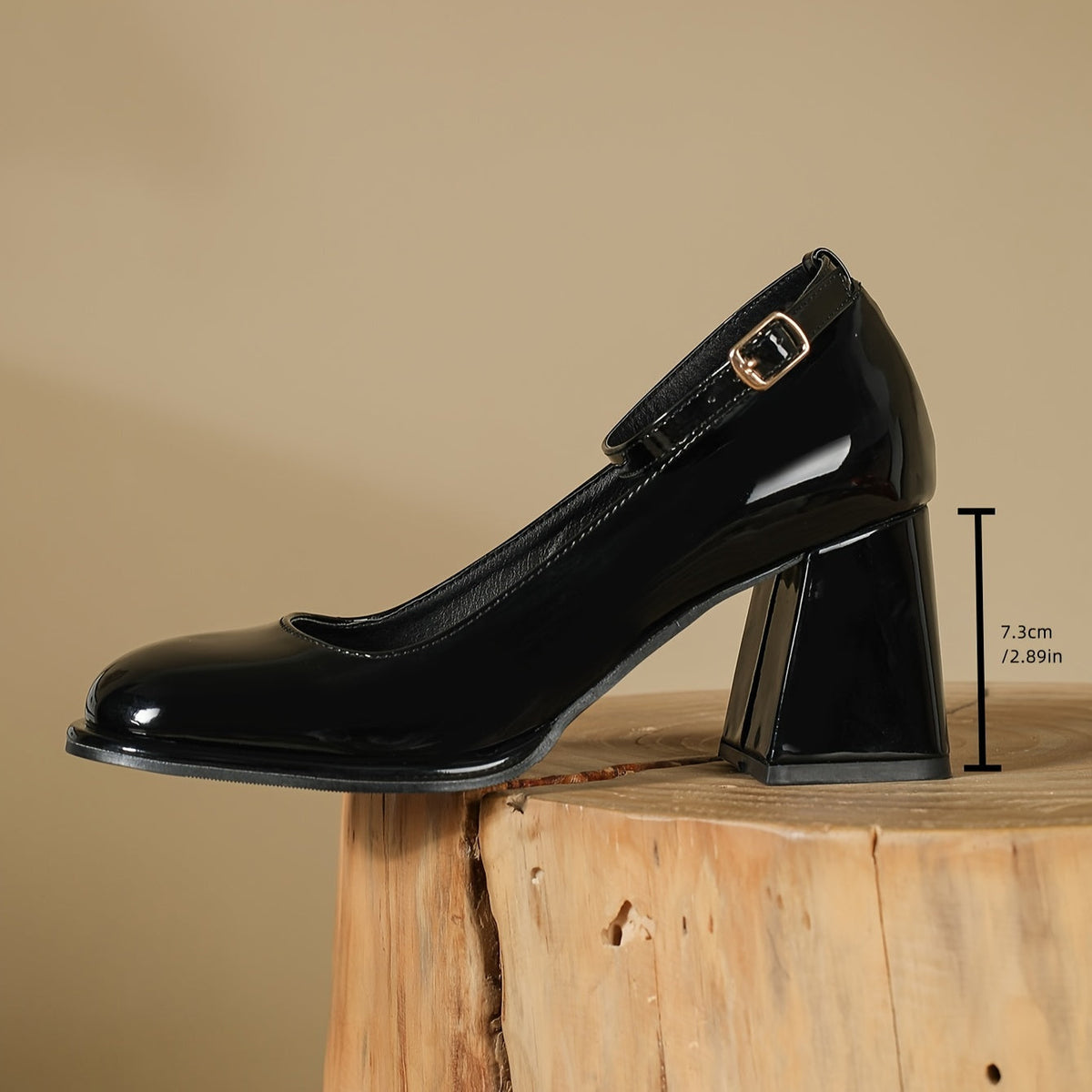 Patent Look Ankle Strap Block Heel Mary Jane Pumps