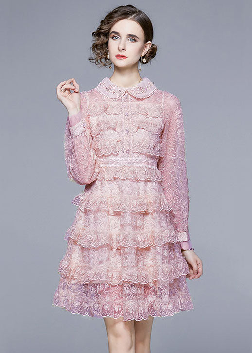 Lace Peter Pan Collar Button Front Tiered Ruffle Mini Dress