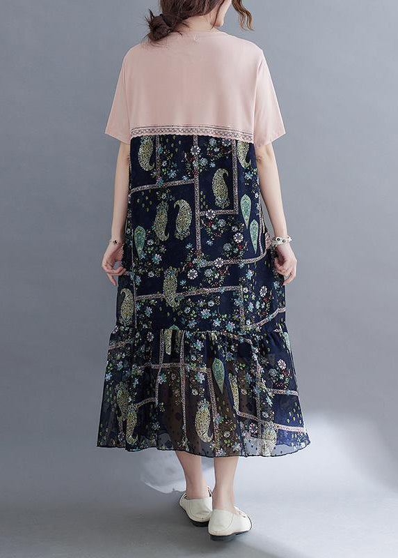 Faux Two Piece Paisley Patchwork Lace Trim Ruffle Hem Midi Dress