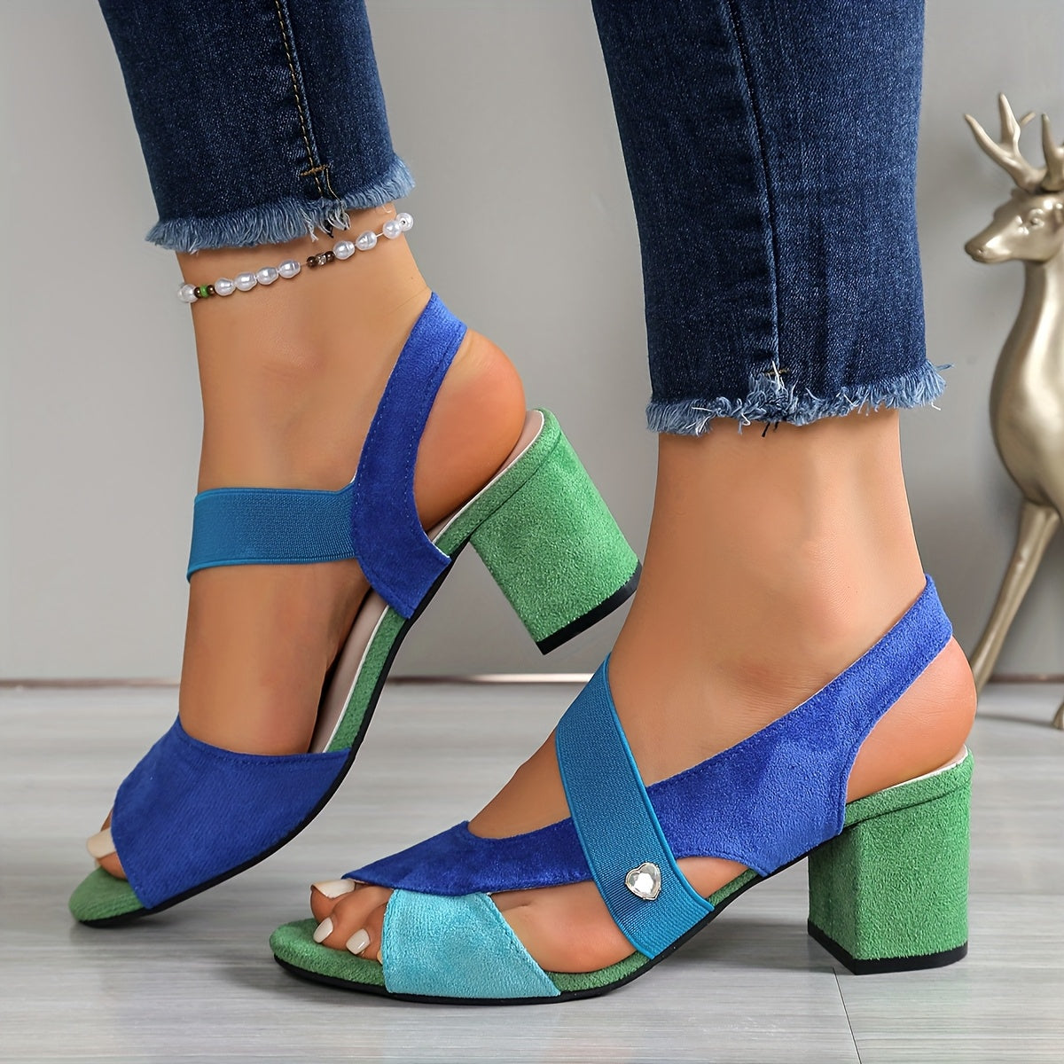 Open Toe Slingback Color Block Block Heel Sandals