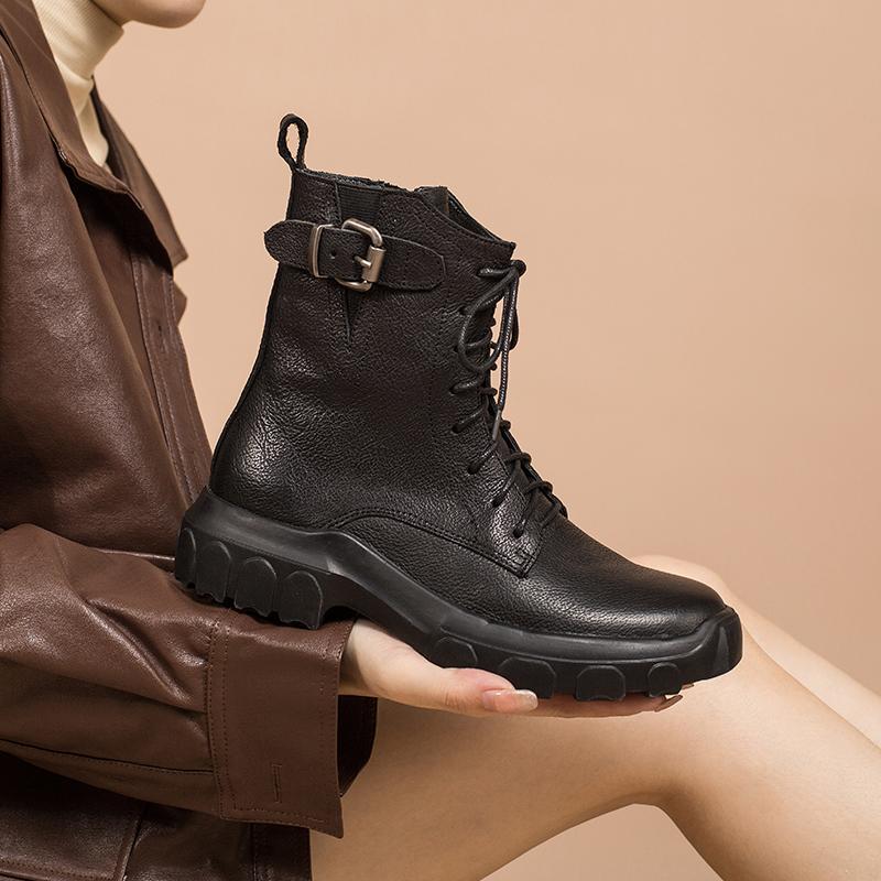 Full grain leather Combat Boots Designer Retro Chunky Riding Boots Side Zip Brown/Black