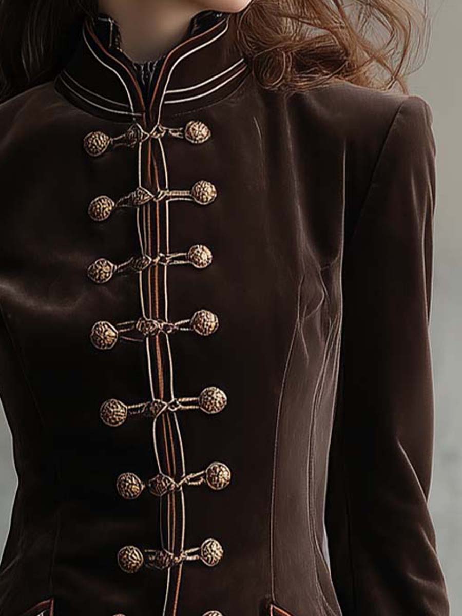High-Neck Velvet Military Blazer With Gold Cord Buttons – Mocha Brown