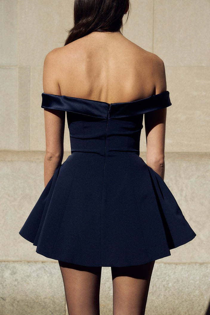 Satin Off Shoulder Sweetheart Fit and Flare Mini Dress