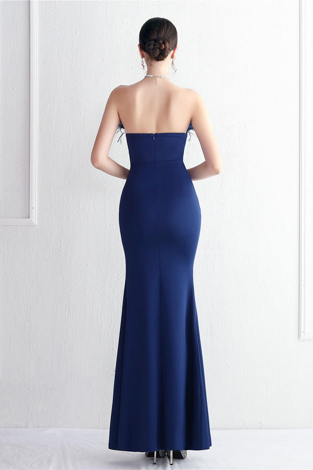 Feather Trim Strapless High Split Mermaid Gown