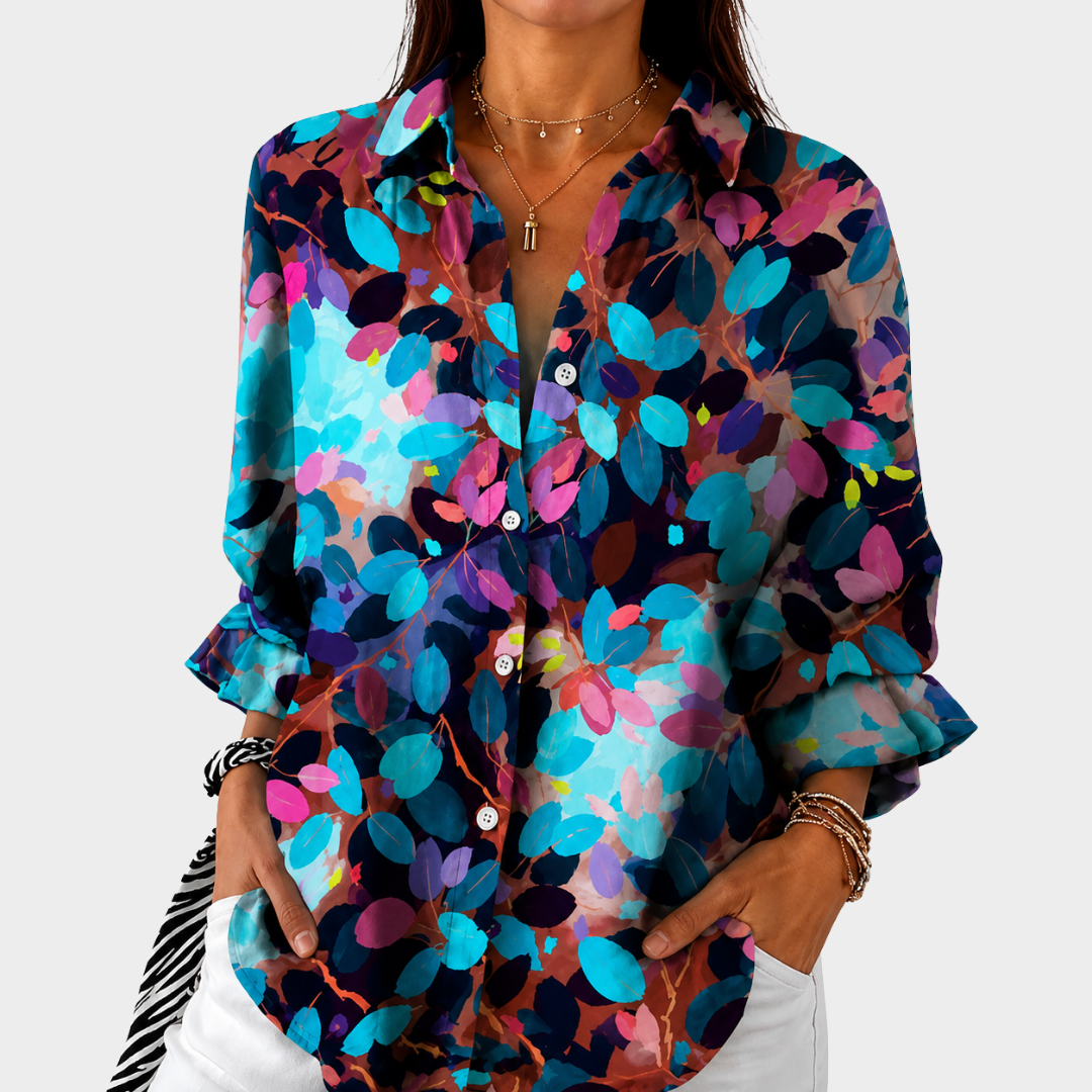 Collared Long Sleeve Leaf Print Blouse