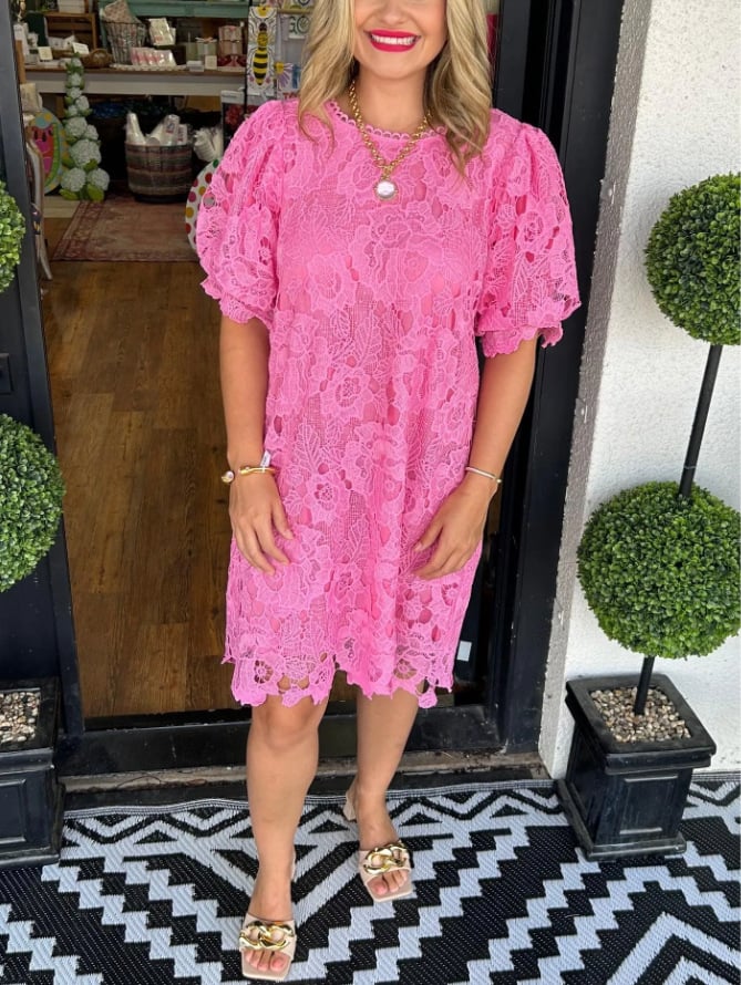 Floral Lace Round Neck Puff Sleeve Tiered Ruffle Shift Mini Dress