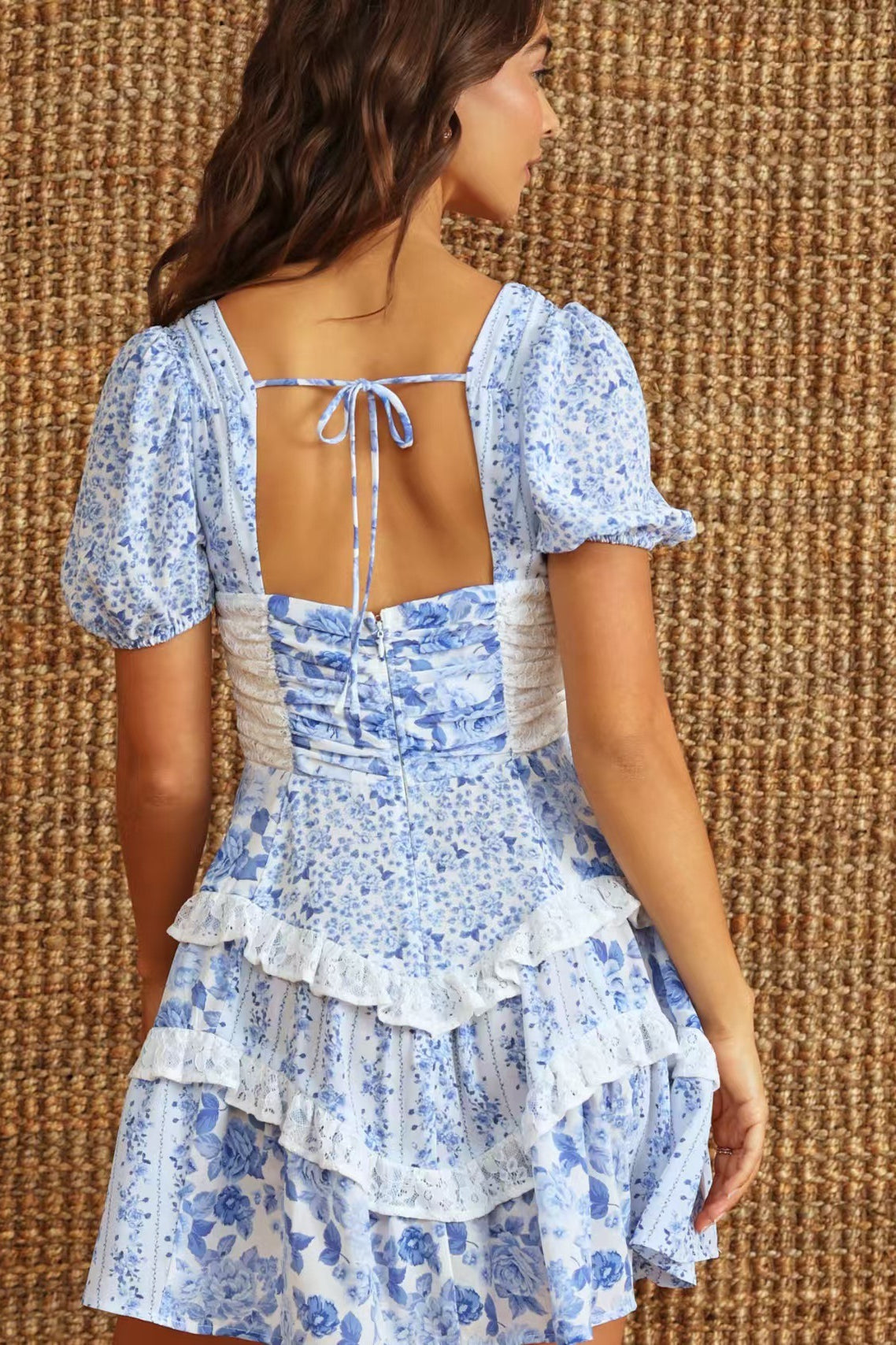Floral Sweetheart Puff Sleeve Tiered Lace Trim Mini Dress