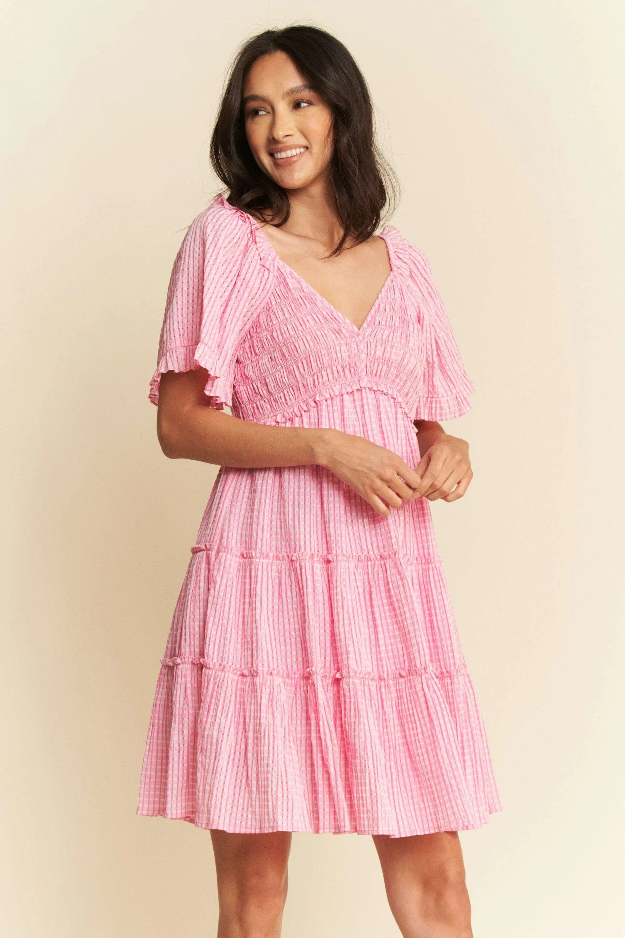 Pink Smocked Checker Tiered Dress