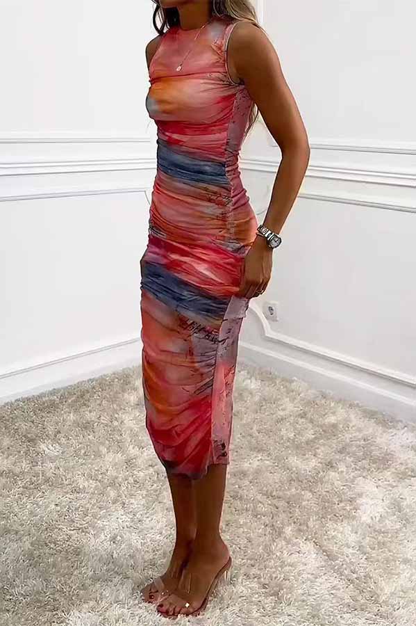 Locking Eyes Mesh Tie-dye Print Ruched Midi Dress - View 3