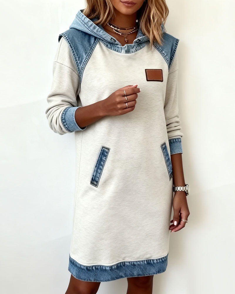 Hooded Long Sleeve Denim Patchwork Mini Dress Pocket 3