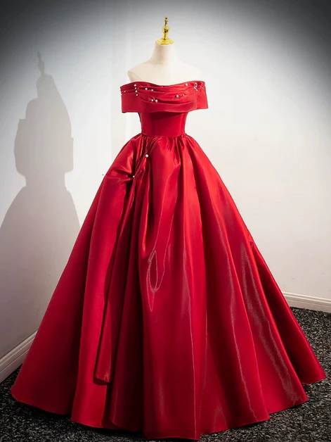 Red Satin Off Shoulder Long Prom Dress, Beautiful A Line Ball Gown cc1511