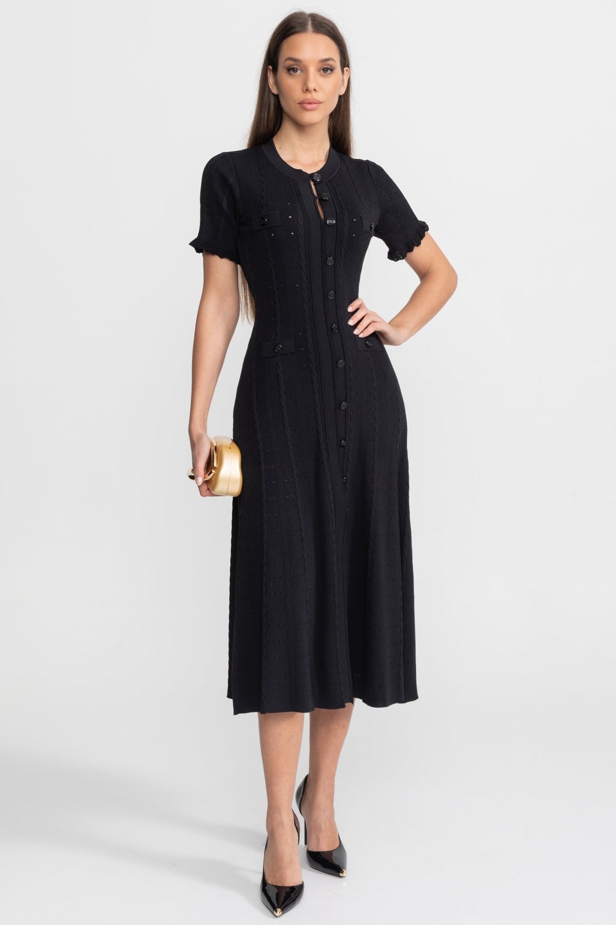 Pointelle Knit Button Front Short Sleeve Ruffle Cuff A-Line Midi Dress 2