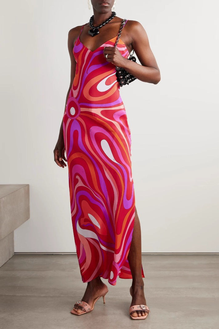 Spaghetti Strap Deep V-Neck Abstract Print Satin Slip Maxi Dress