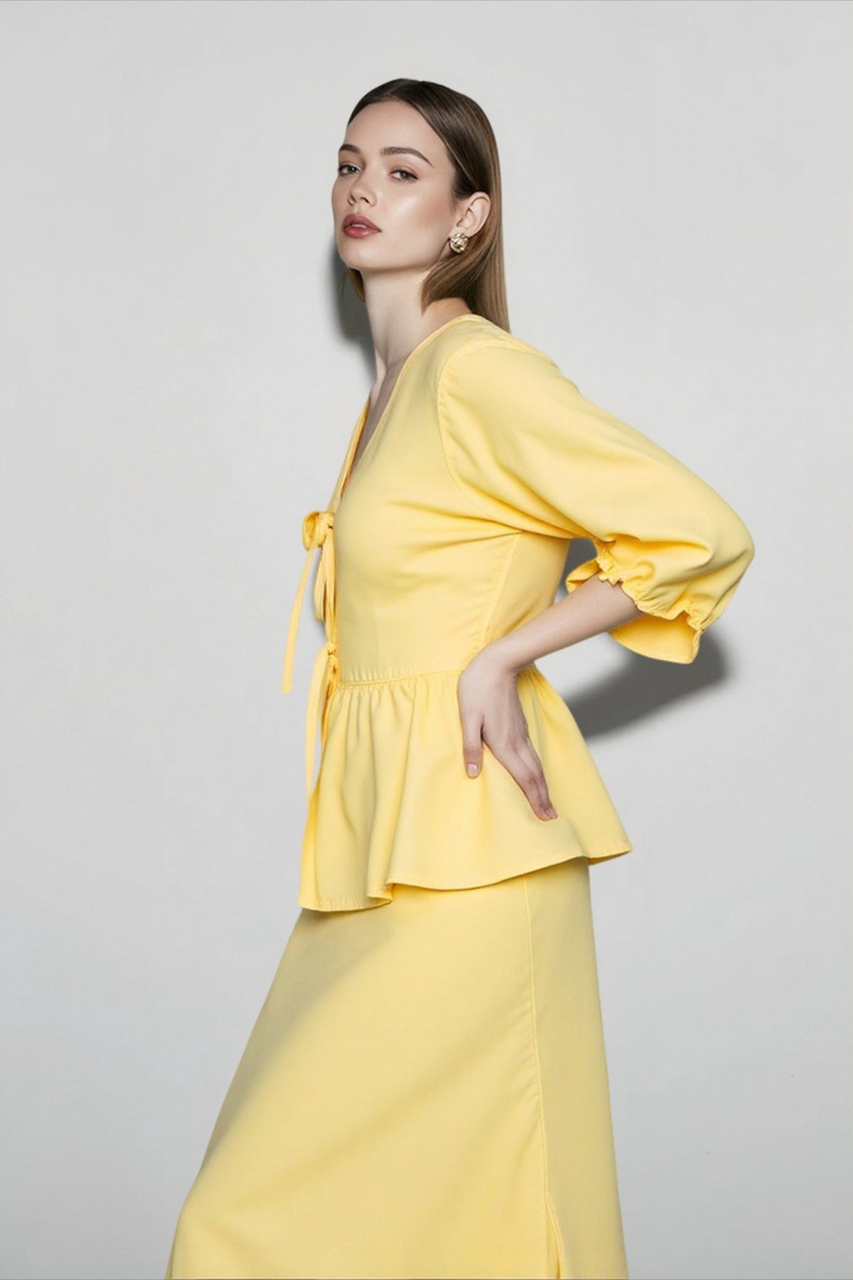 Puff Sleeve Tie Front Peplum Top and Midi Skirt Two Piece Set 3