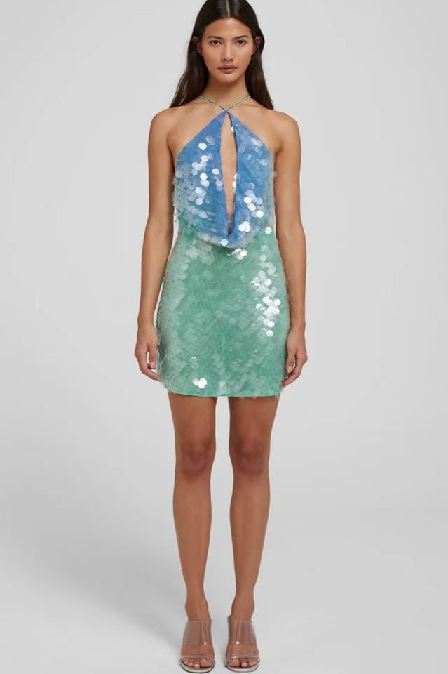 Sequin Halter Neck Cut Out Backless Bodycon Mini Dress - View 4