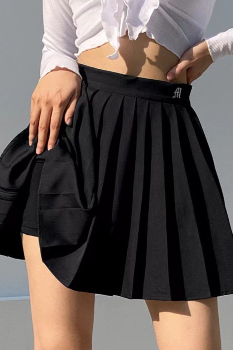 High Waist Letter Embroidered Pleated A-Line Mini Skirt 2