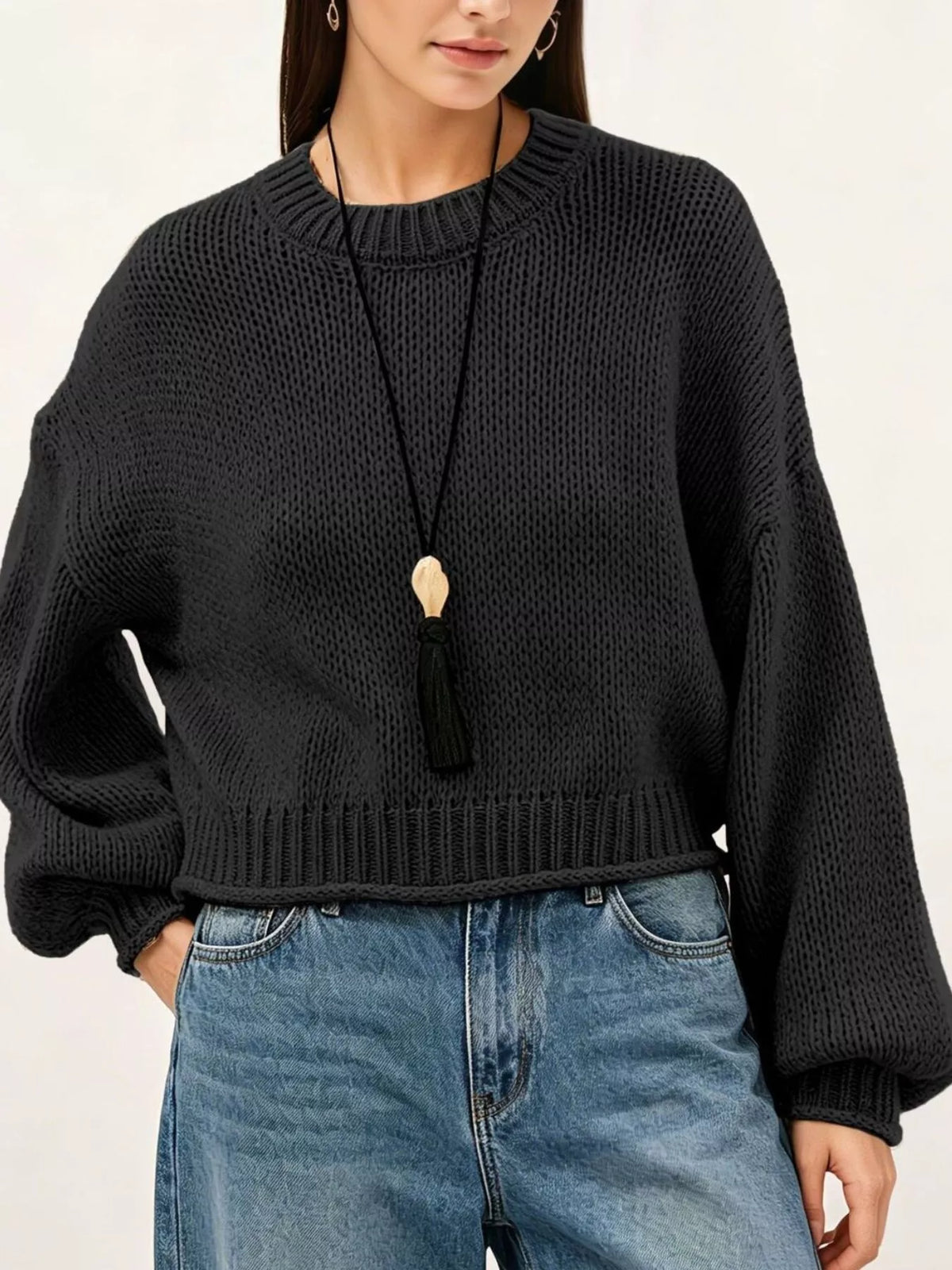 Oversized Crew Neck Balloon Sleeve Chunky Knit Sweater 4