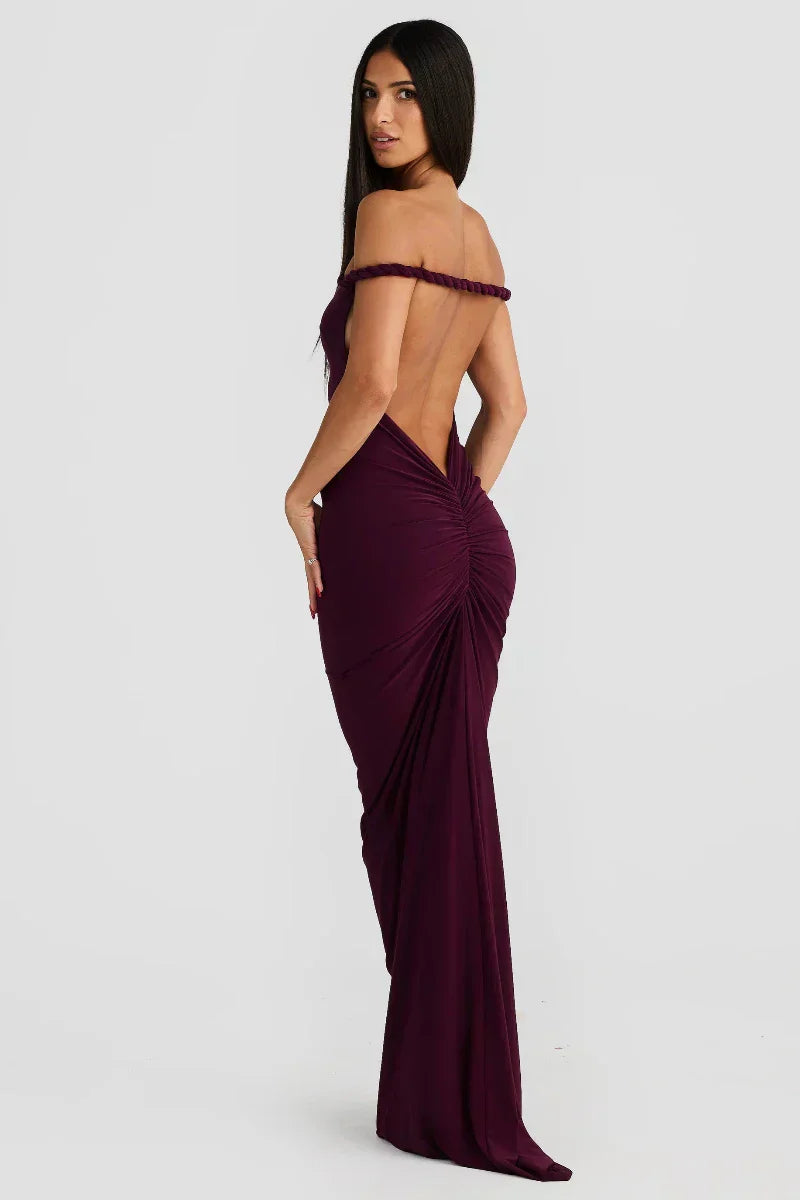 Off Shoulder Fold Over Sleeve Knit Bodycon Floor Length Gown
