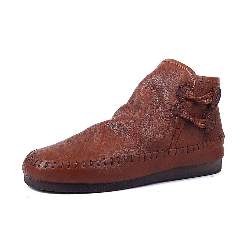 Retro Handmade Leather Ankle Booties For Women Low Heel Winter Casual Boots Yellow/Brown/Coffee