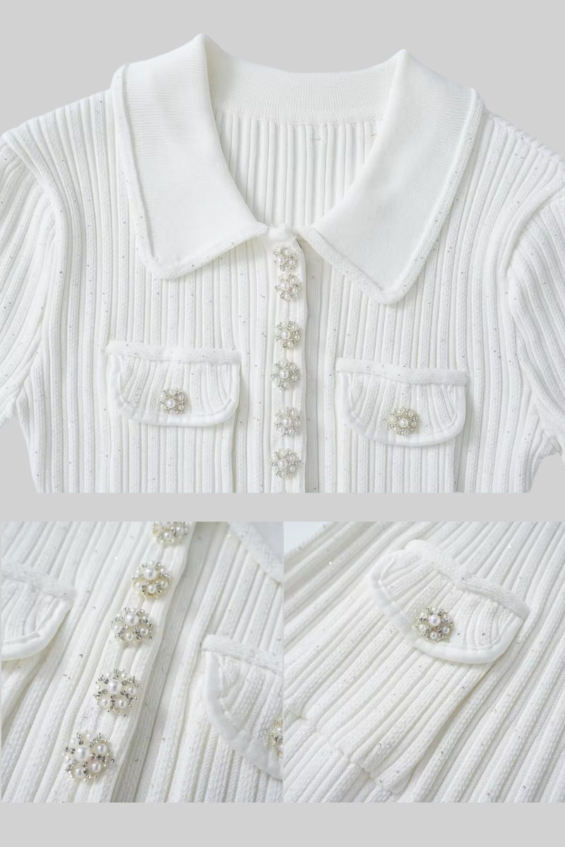 Ribbed Knit Sequin Jewel Button Collar Patch Pocket Mini Dress - View 18