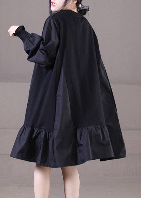 Knit Panel Round Neck Balloon Sleeve Smocked Cuff Ruffle Hem Mini Dress