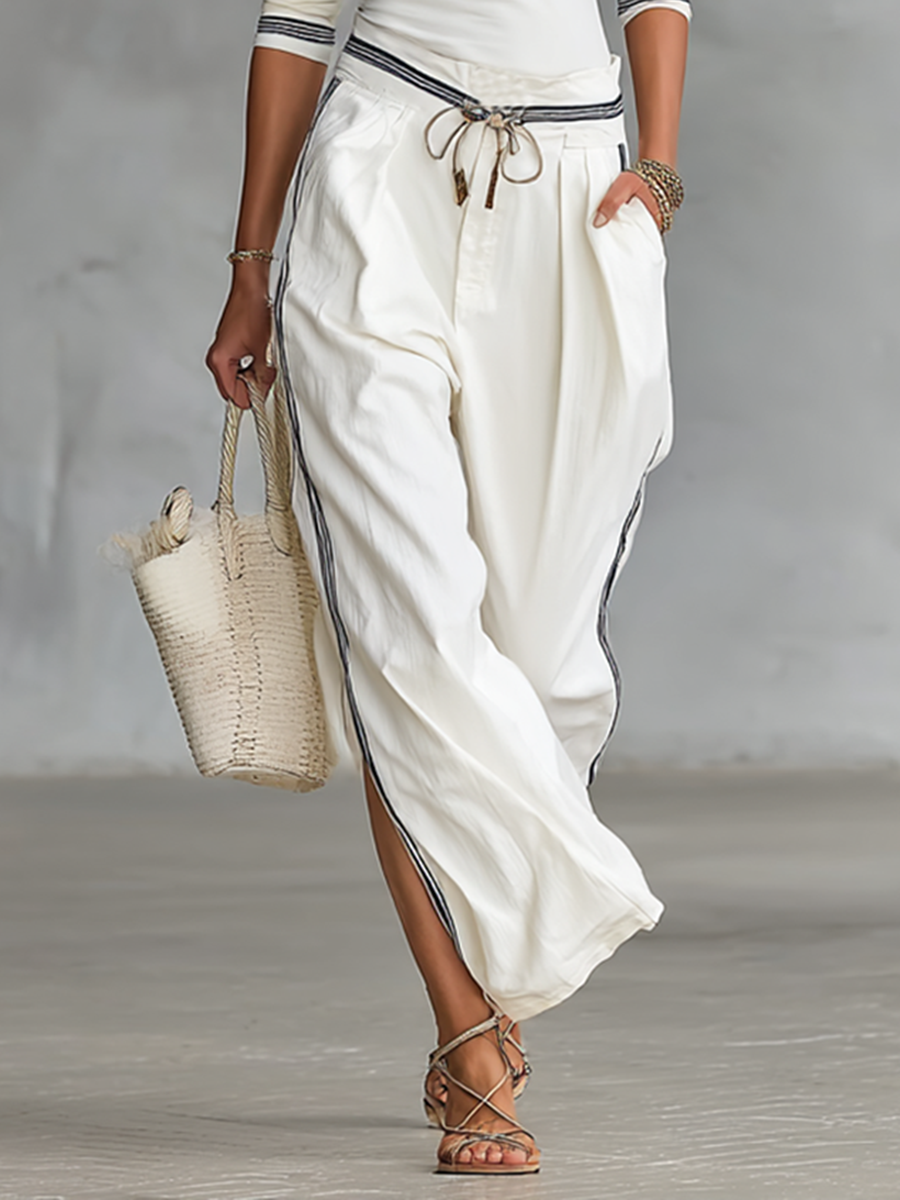 High Neck Striped Trim Top and Wide Leg Pants Set