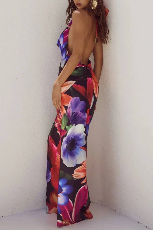 Floral Print Halter Neck Deep V-Neck Mermaid Floor Length Maxi Dress