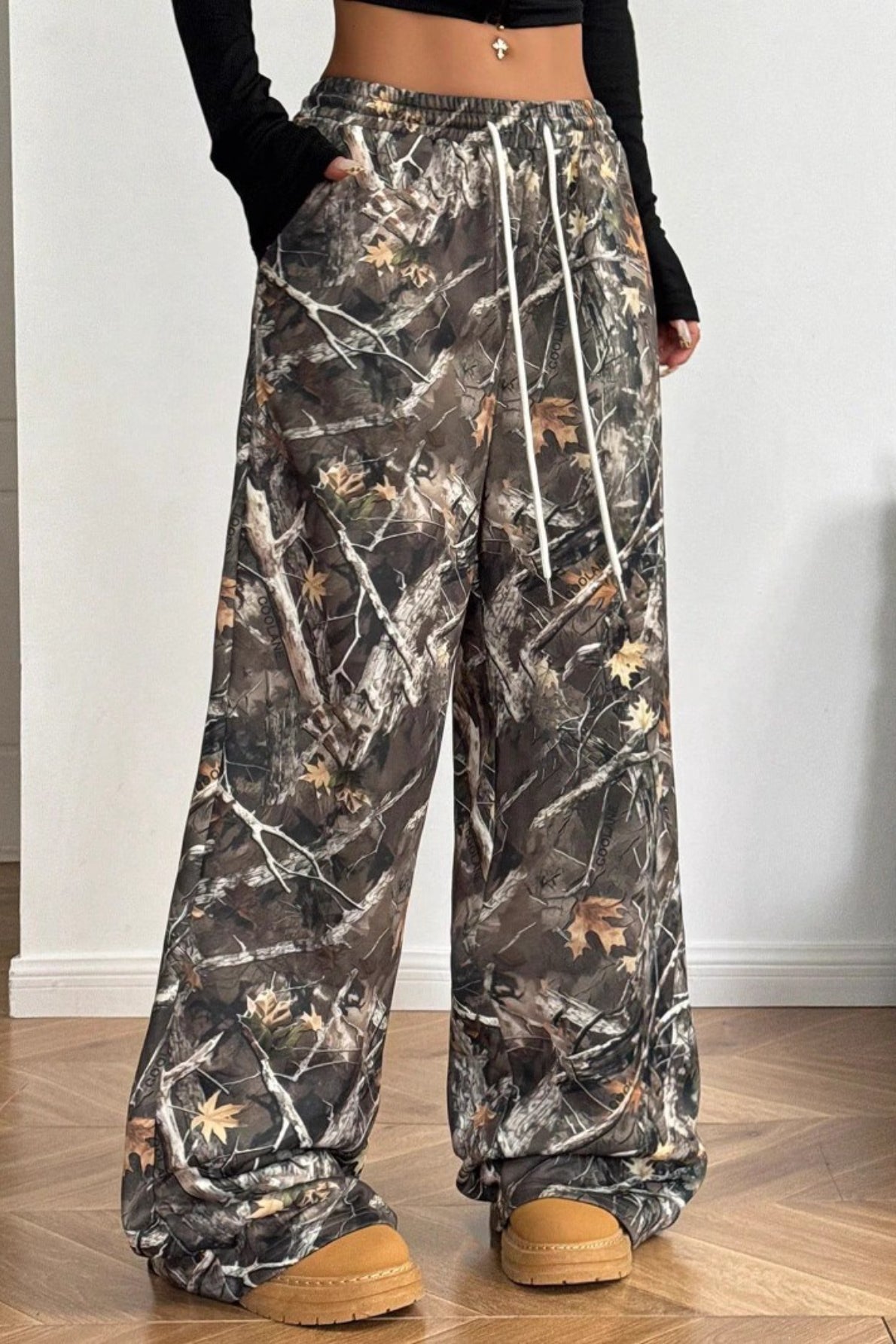 Camouflage Print Stretch Slim Wide Leg Pants