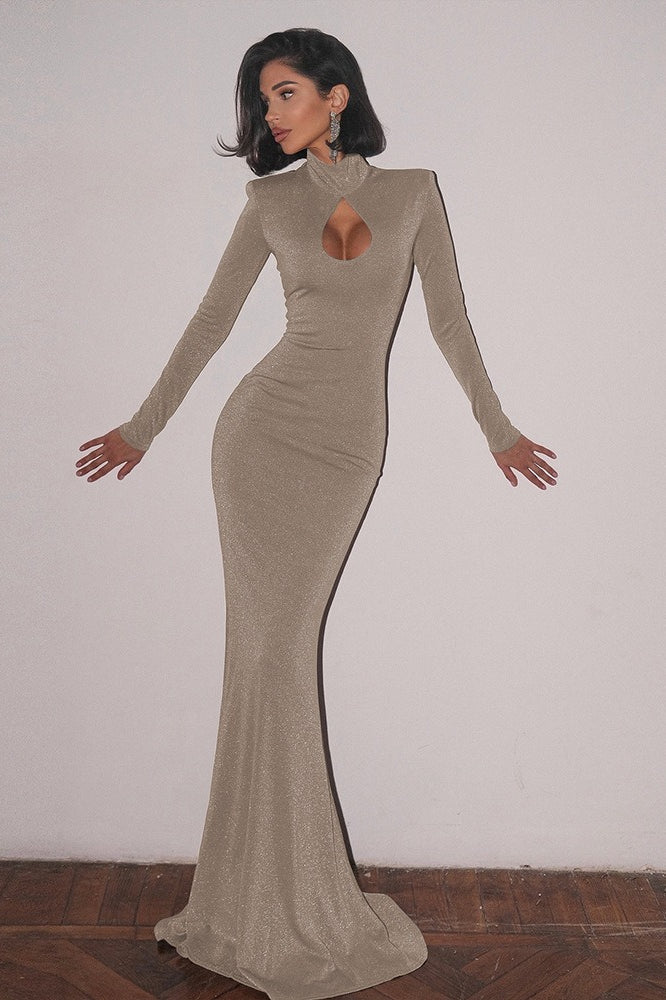 Glitter High Neck Long Sleeve Cut Out Mermaid Gown