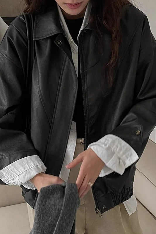 Faux Leather Zip Front Collared Oversized Moto Jacket 7