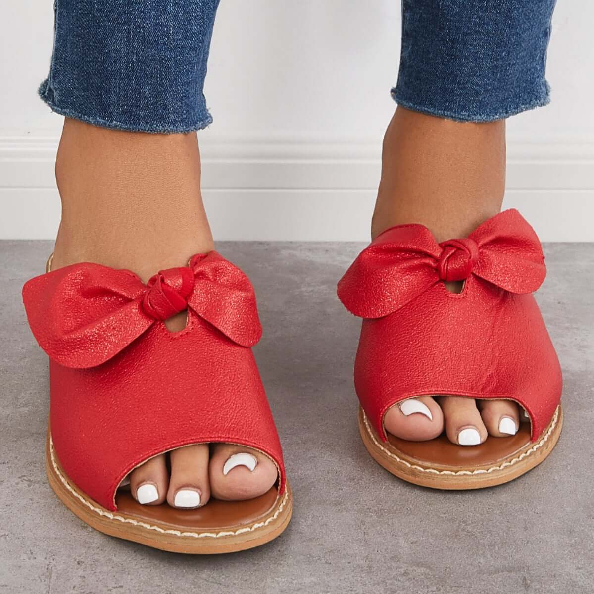 Womens Fashion Peep Toe Low Heel Bow Slippers