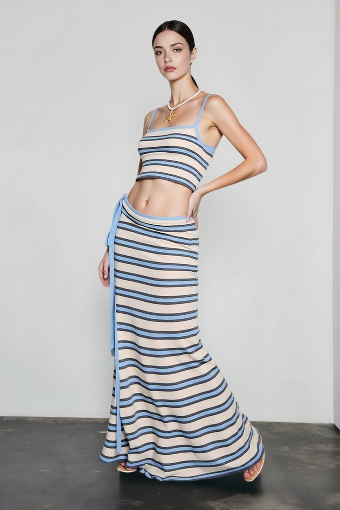 Knit Stripe Crop Camisole High Waist Tie Skirt Vacation Set
