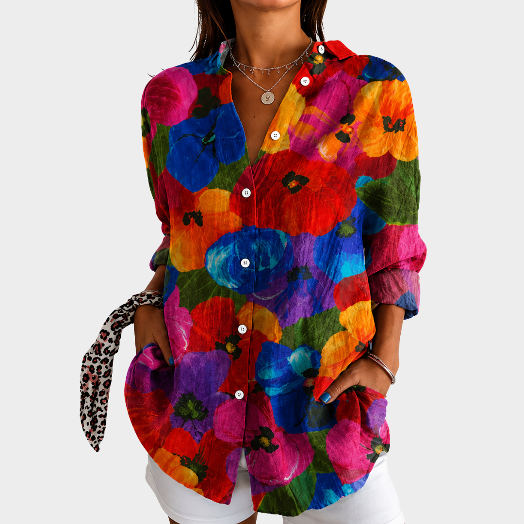 Floral Print Collared Long Sleeve Button Down Blouse