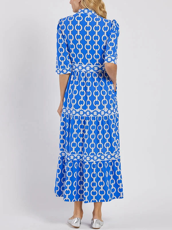 Chain Link Print Collared Long Sleeve Tiered Maxi Dress