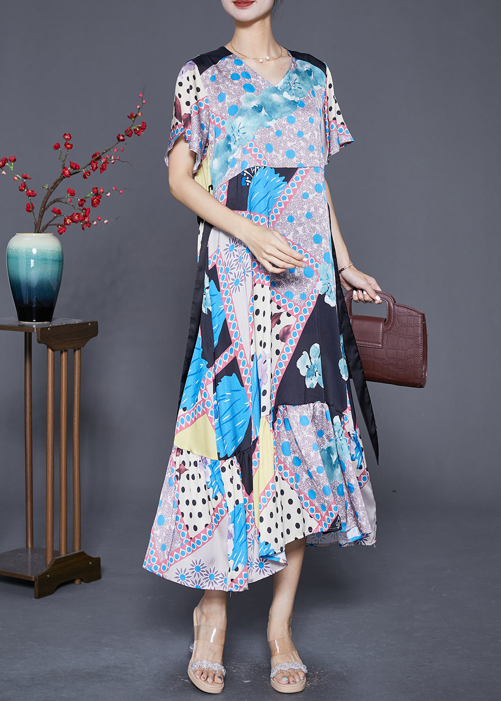 Patchwork Print V-Neck Short Sleeve Tie Ribbon Waist Tiered Ruffle Midi Dress