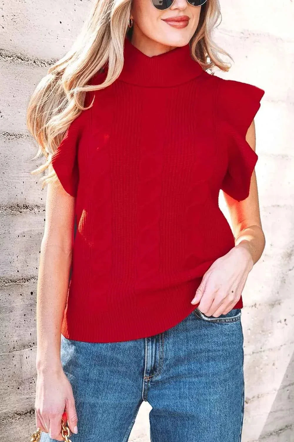Turtleneck Ruffle Cap Sleeve Cable Knit Sweater 4
