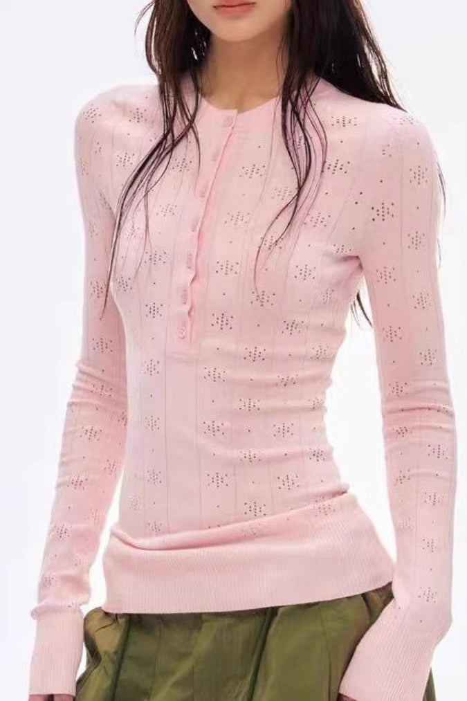 Retro Open Knit Henley Long Sleeve Top