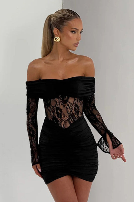 Open Shoulder Lace Trim Bodycon Mini Lace Dress