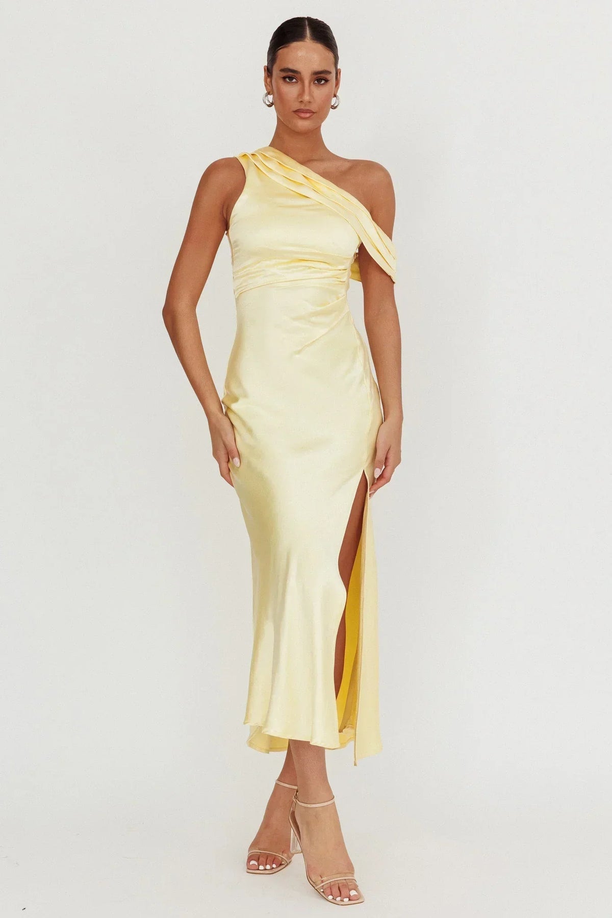 Satin One Shoulder Pleated Drape High Split Midi Dress 4