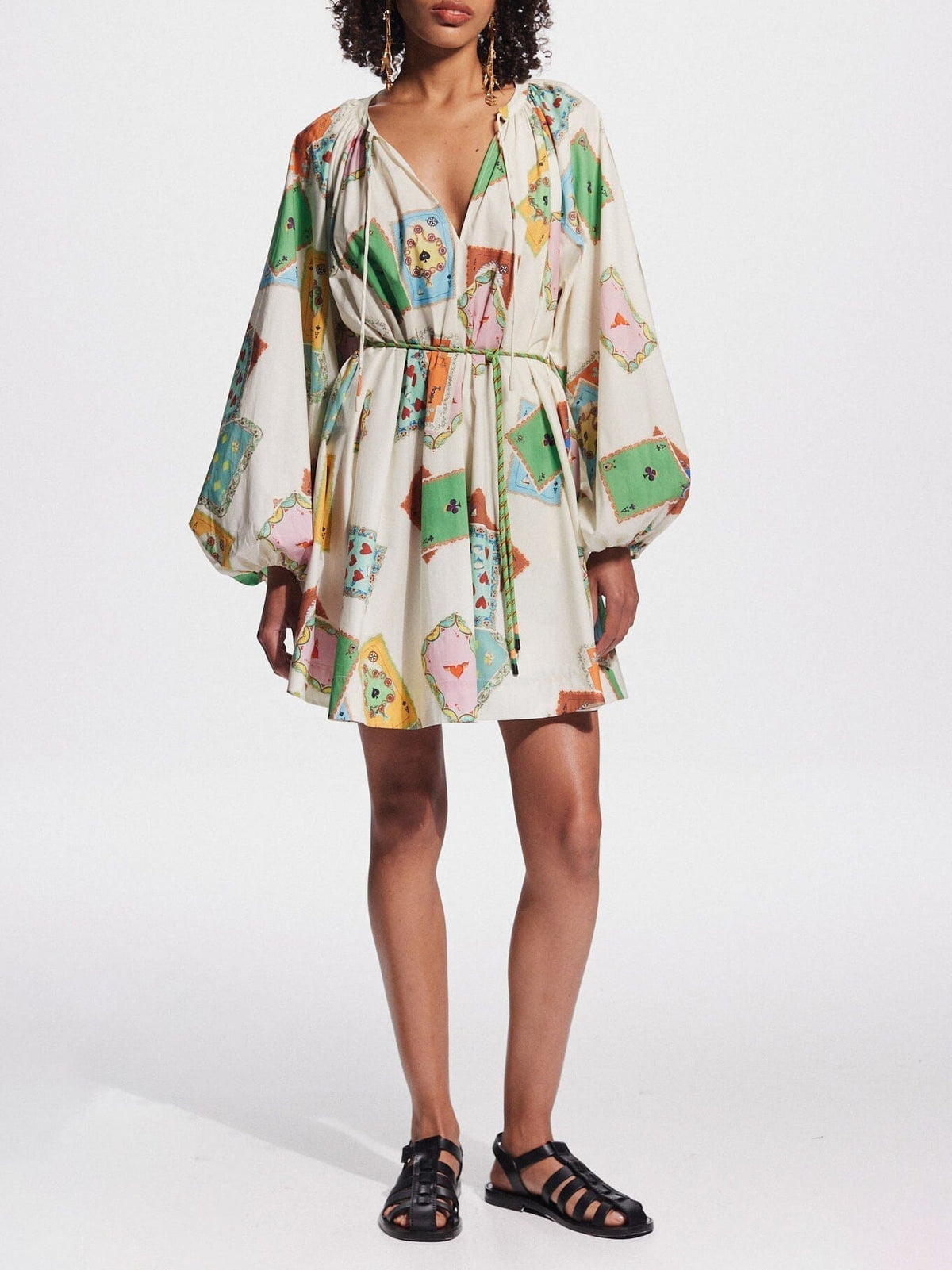 Playing Card Print Tie Neck Balloon Sleeve Belted Mini Dress 4