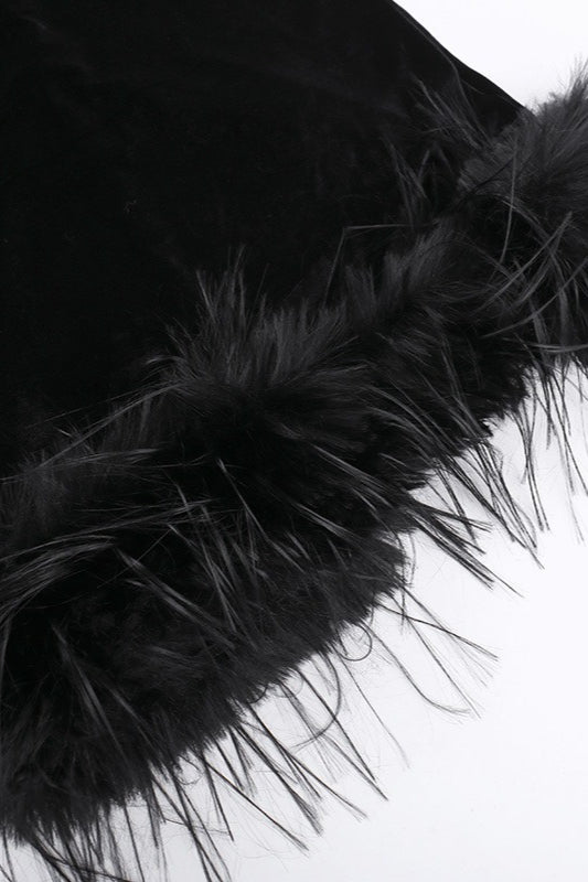 Velvet Corset Sweetheart Bodice Mesh Yoke Feather Cuff Long Sleeve Bodycon Dress
