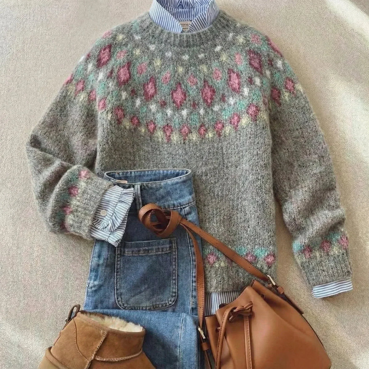 Crew Neck Fair Isle Yoke Knit Sweater