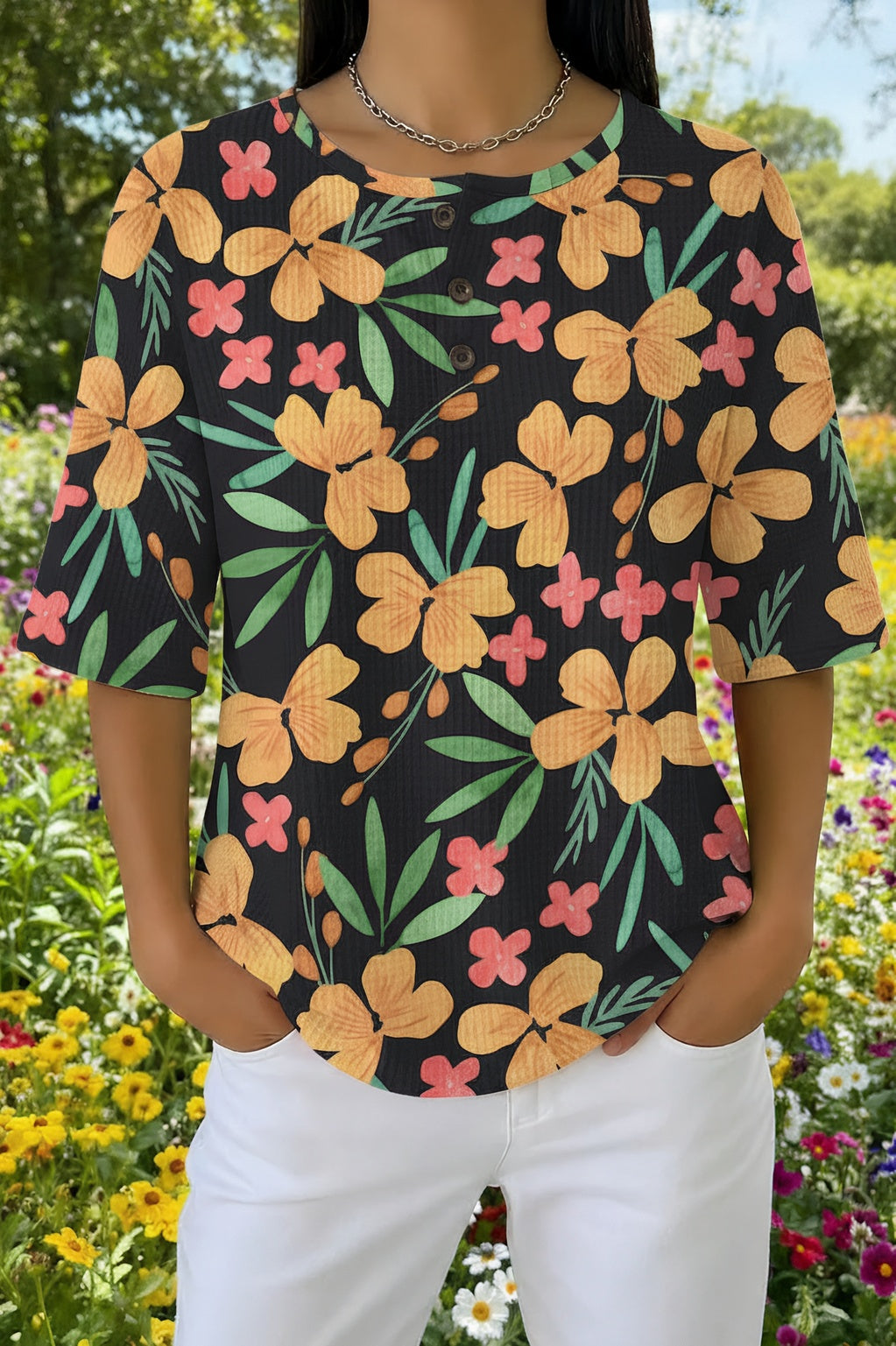 Womens Dark Green Floral Print Casual Shirt