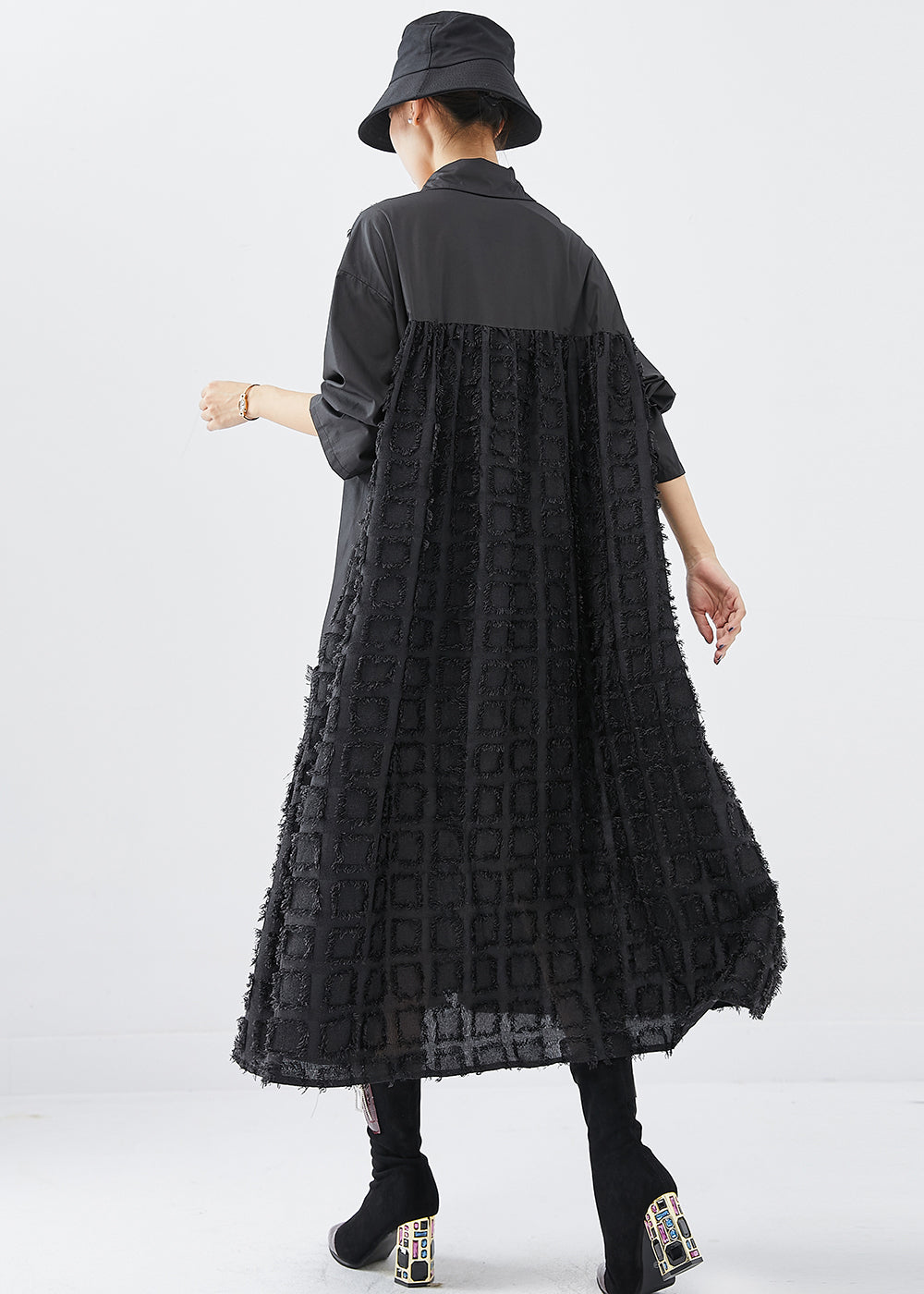 Oversized Button Front Collar Textured Grid Patchwork Midi Shirt Dress
